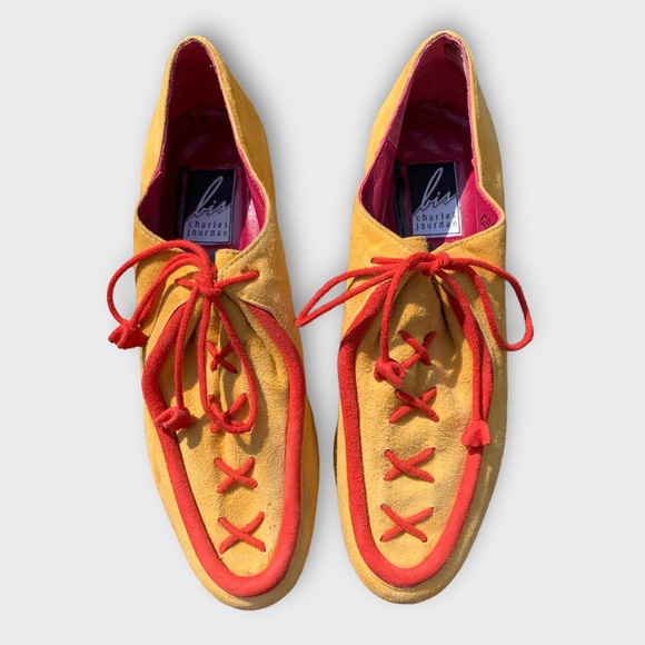 Vintage Rare Charles Jourdan Yellow and Red Suede Shoes - Picture 2 of 14